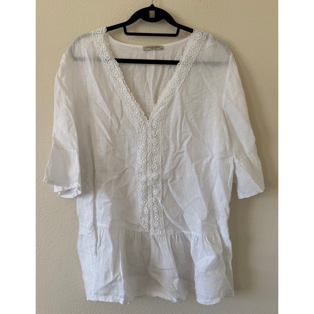Francesca Bettini Lightweight White Linen Crochet Lace V-Neck Top M Bohemian